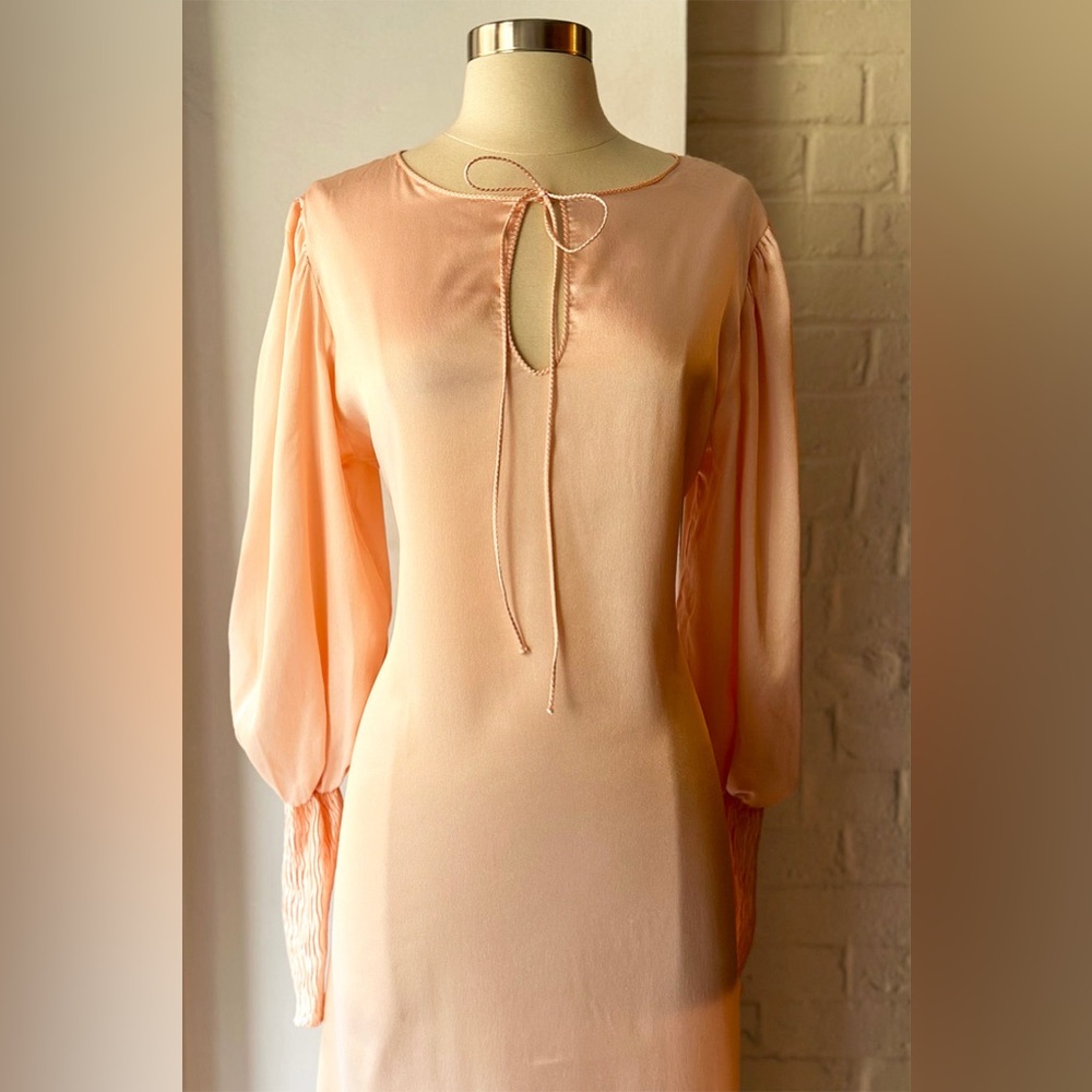 Vintage Mary McFadden Peach Pleated Balloon Sleeve Maxi Dress
